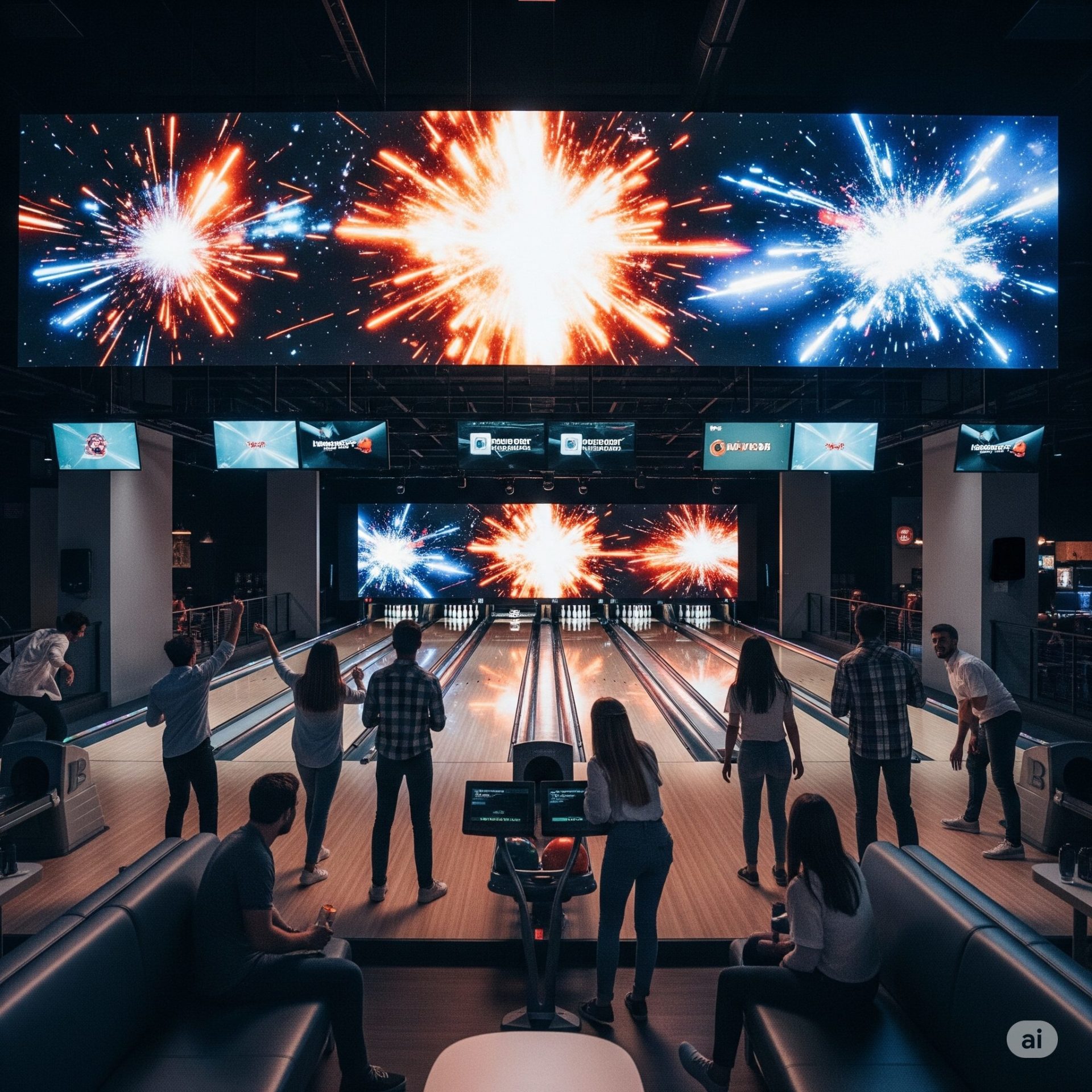 Mur d'images LED affichant des animations dans une salle de bowling moderne.