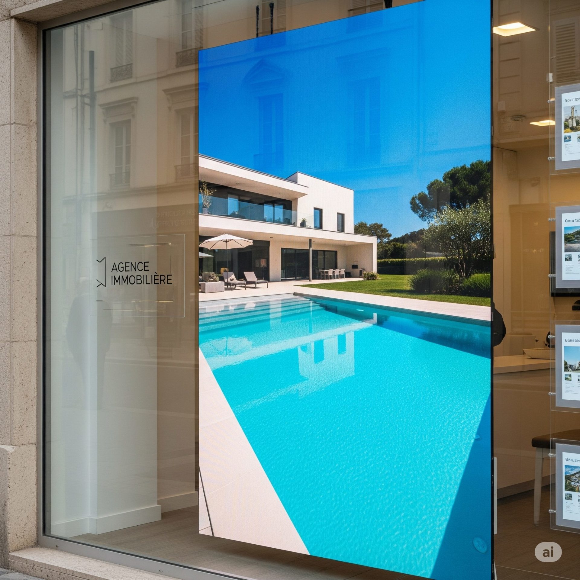 Écran LED en vitrine d'une agence immobilière pour la diffusion d'annonces.