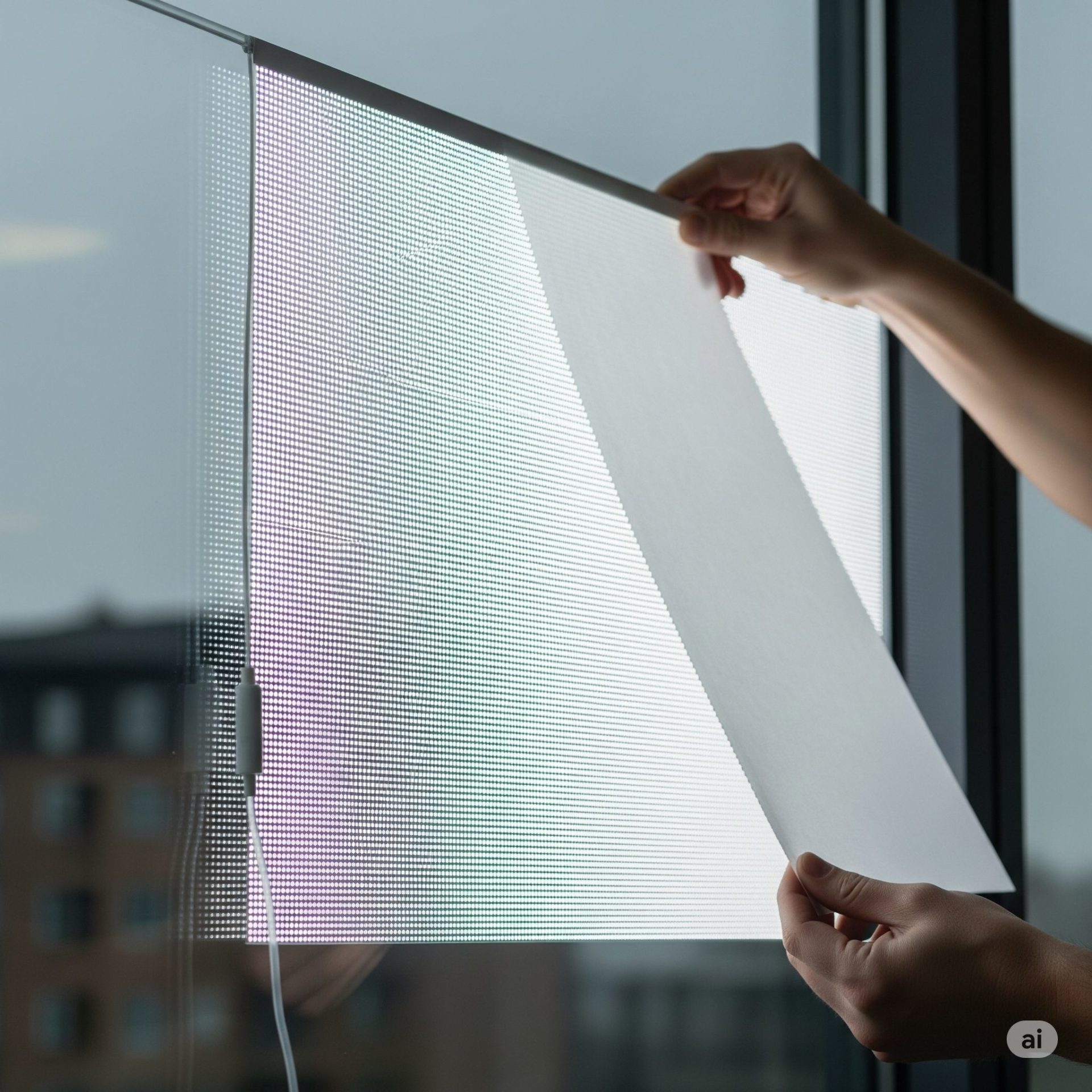 Installation d'un film LED adhésif et transparent sur une cloison vitrée de bureau.