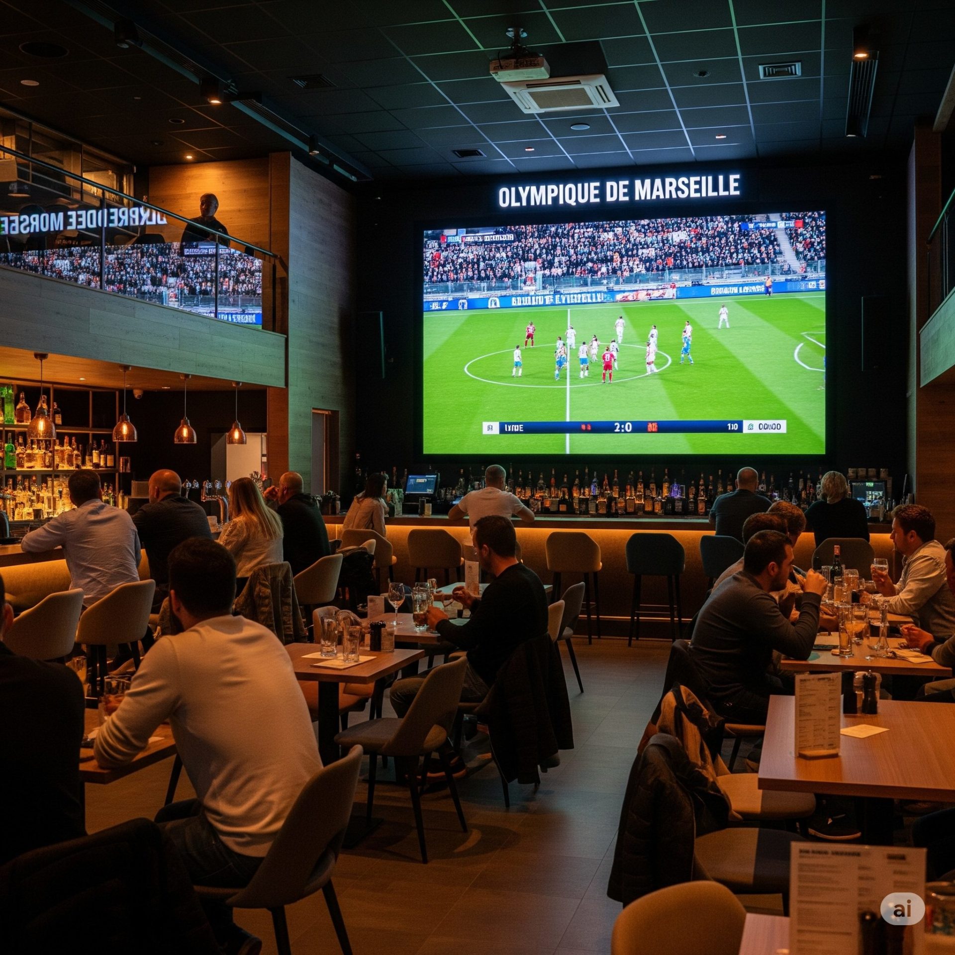 Retransmission d'un match de football sur un écran géant LED dans un bar sportif.