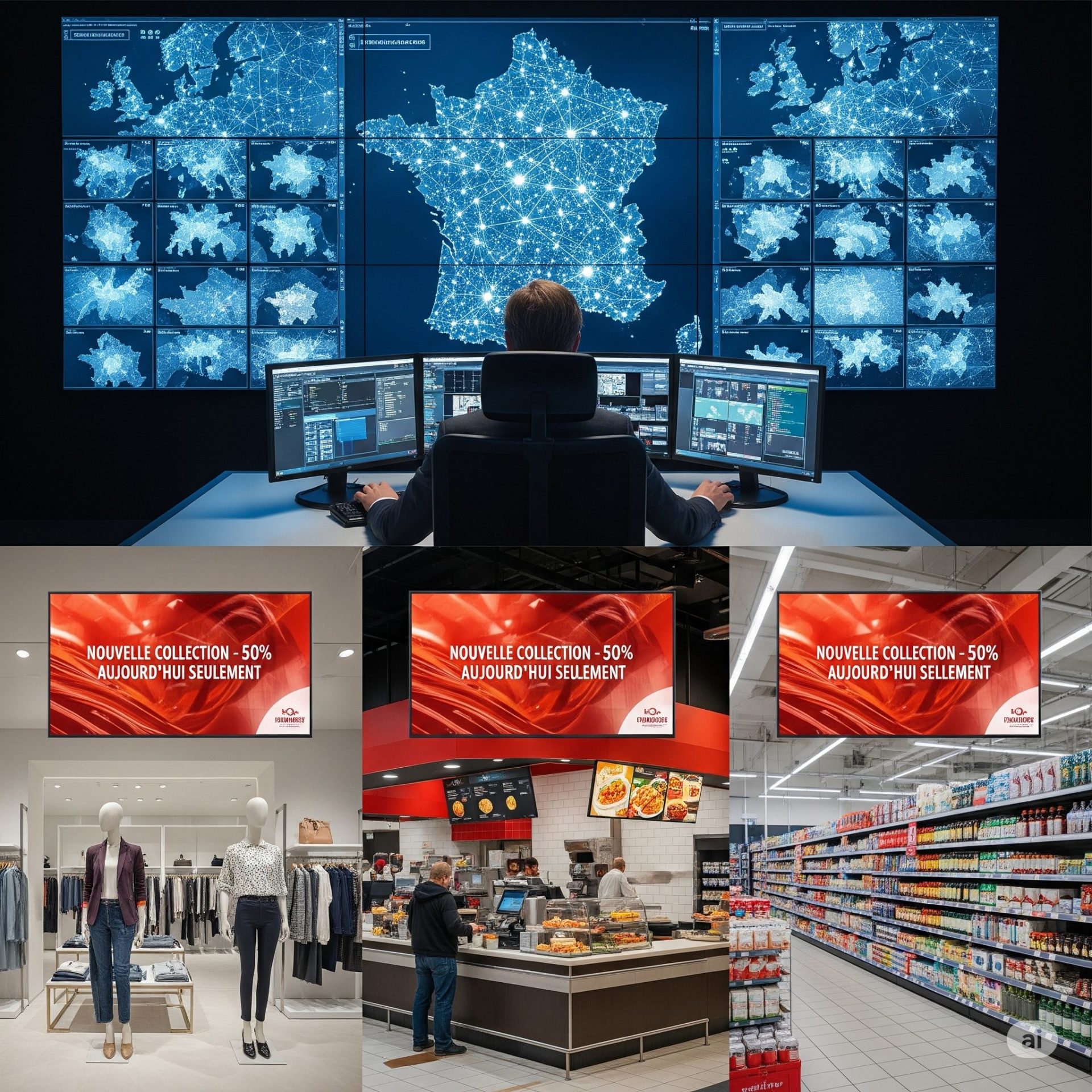 Gestion centralisée d'un parc d'écrans numériques par Pixelink pour le déploiement de campagnes publicitaires unifiées dans un réseau de franchises.