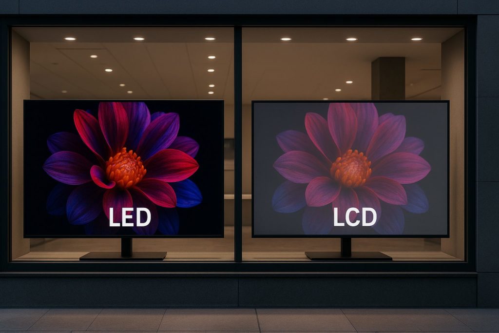 Comparaison côte à côte d'un écran LED avec des couleurs vives et d'un écran LCD avec des couleurs ternes.