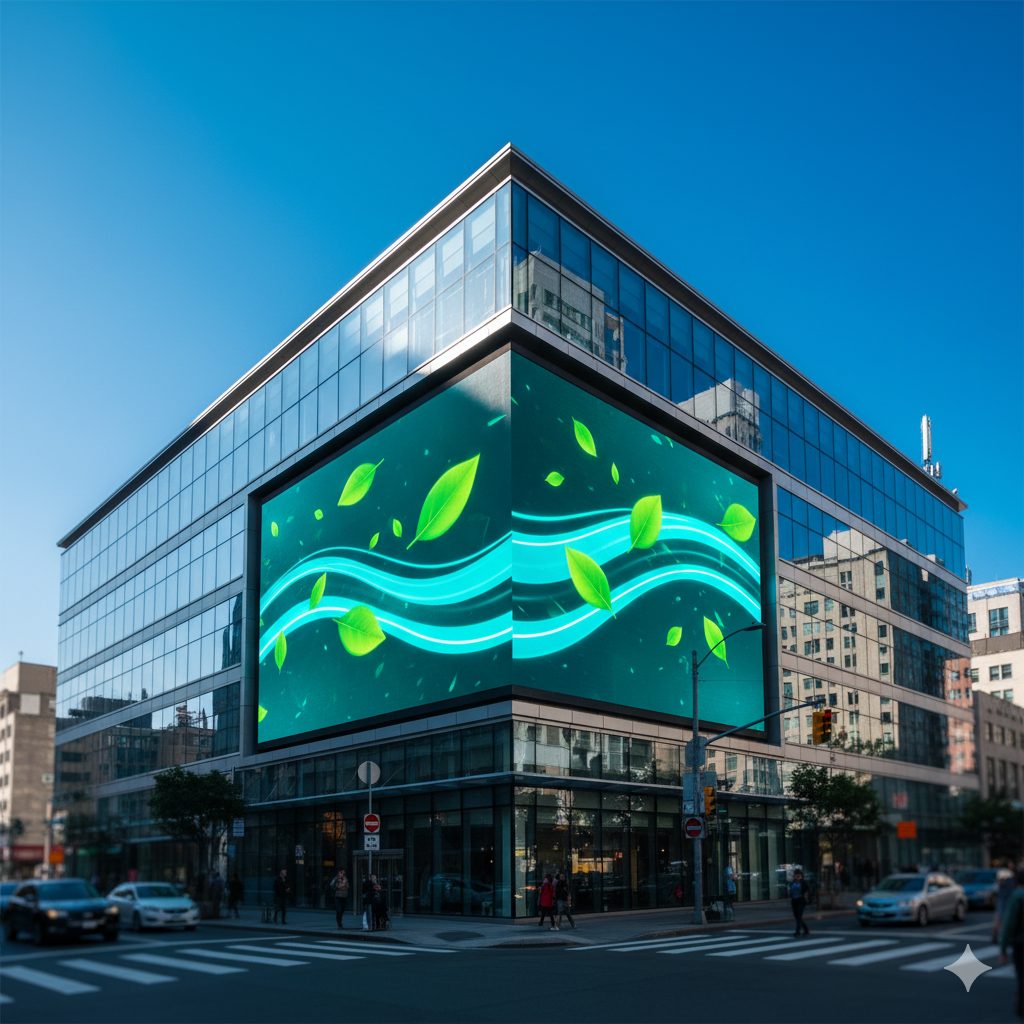 Grand écran LED d'angle sur un bâtiment moderne, affichant un design écologique avec des feuilles vertes.